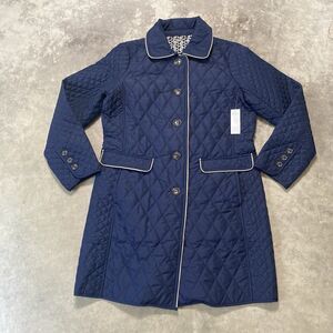 Chicos Jacket Womens 10 Clasic Navy Blue Quilted Elongated Outerwear Leather‎